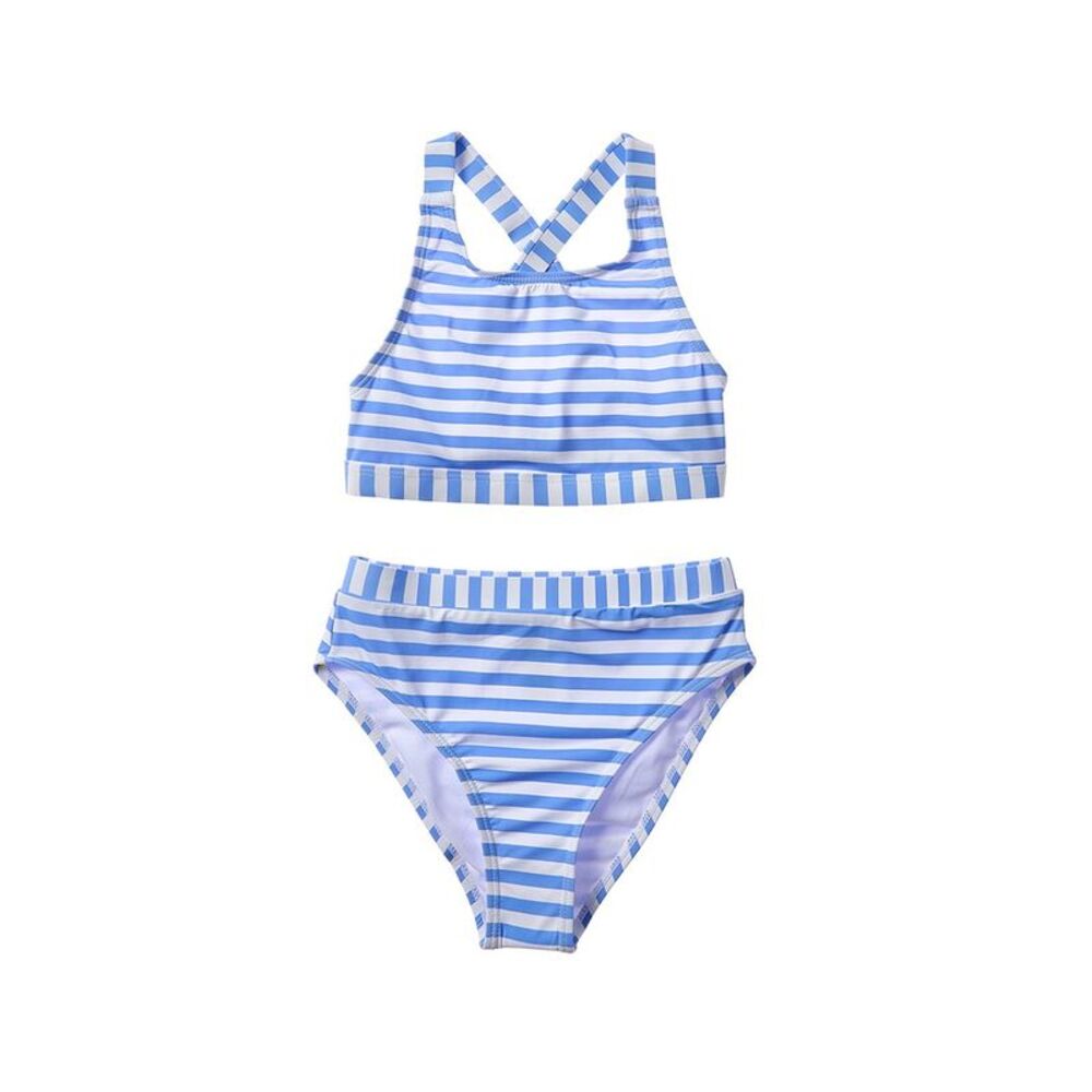 Beach Lingo Girls  2Pc High Neck Bra & Banded High Waist Bottom Set, Blue
